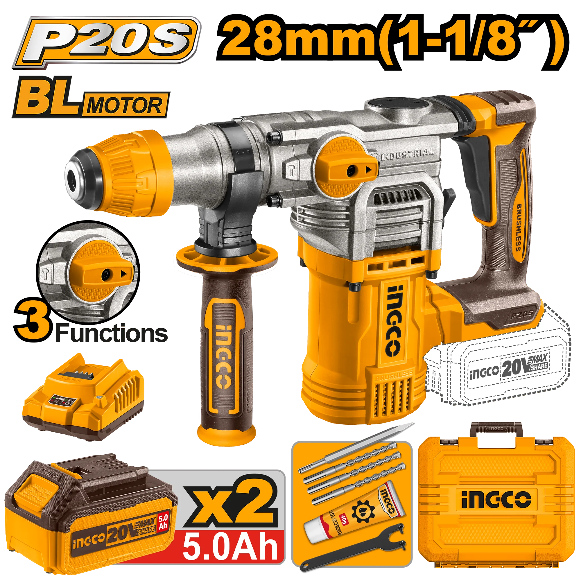P20S/20V Brushless Motor Lithium-Ion Cordless Rotary Hammer CRHLI20288|CRHLI202885 ING-COR - Image 2