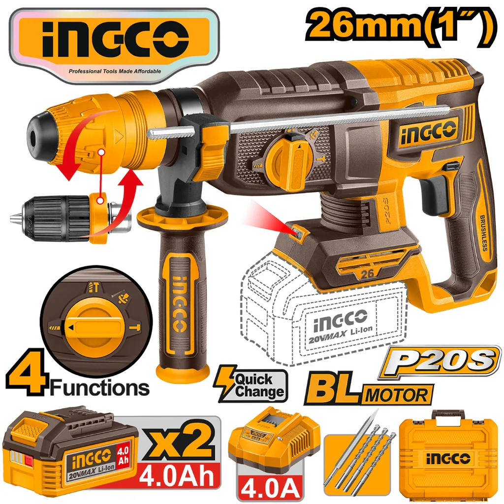 Ingco P20S/20V Cordless Rotary Hammer 26mm Lithium-Ion - CRHLI202689 ING-HT