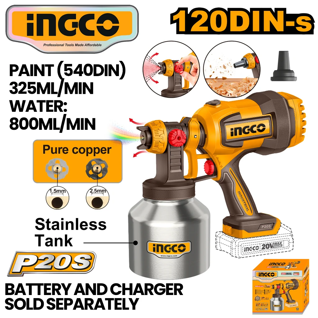 Ingco P20S/20V Cordless Spray Paint Gun (0.1-0.2Bar/800ml/min) CSGLI20041 ING-CT