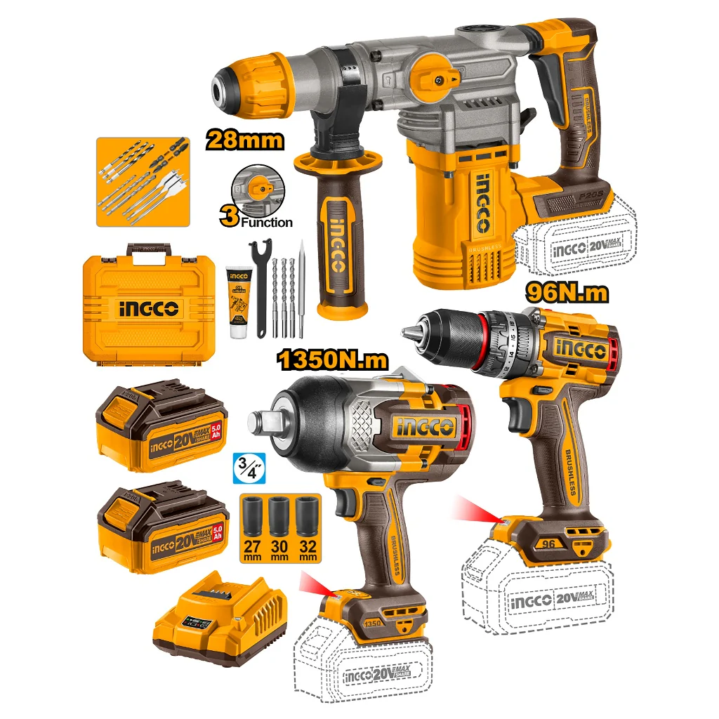 Ingco P20S/20V Lithium-Ion 3PCS Combo Kit w/ 2PCS 5.0Ah Battery Pack COSLI250281 ING-CT