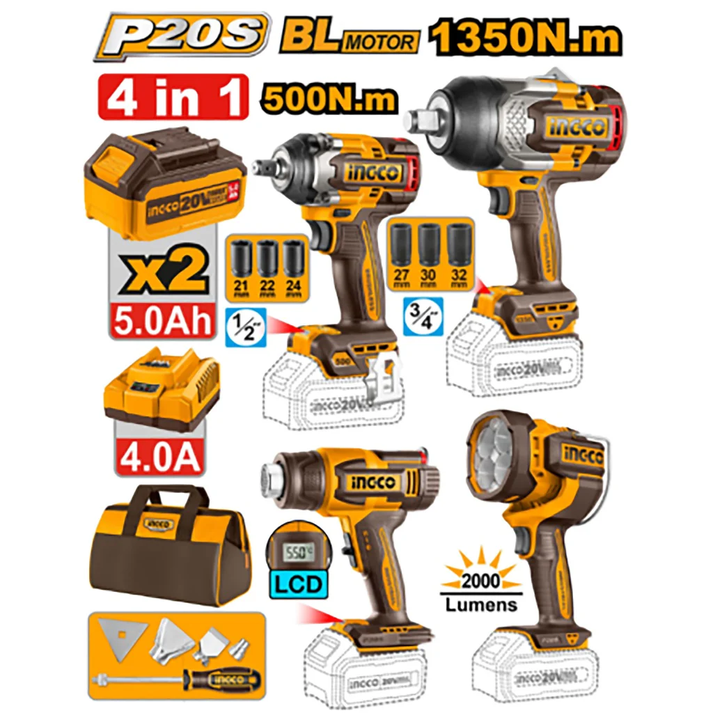 Ingco P20S/20V Lithium-Ion 4PCS Combo Kit with Cordless Impact Wrench COSLI241293 ING-CT
