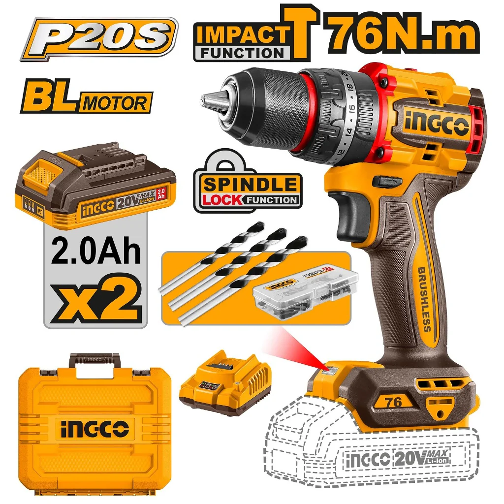 P20S/20V Lithium-Ion 76Nm Brushless Cordless Impact Drill CIDLI20768 ING-CT