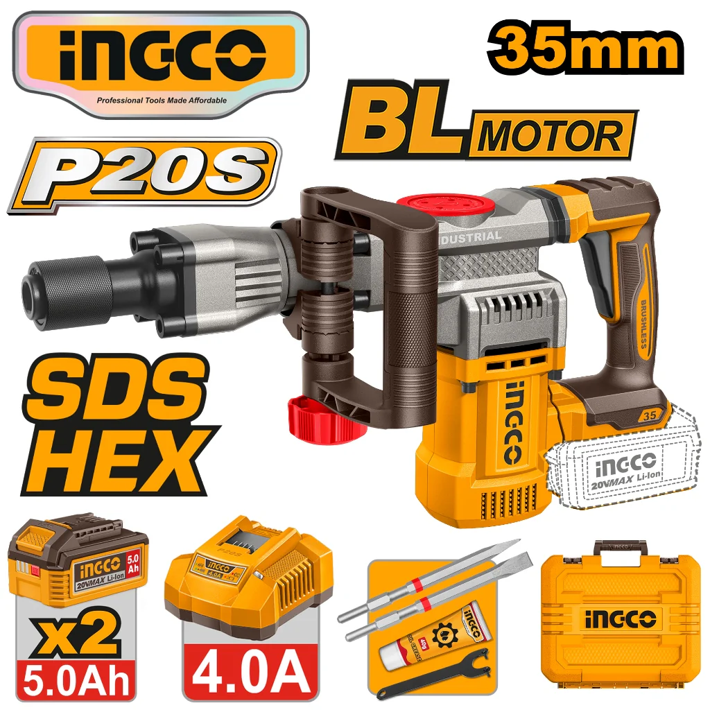 Ingco P20S/20V Lithium-Ion Brushless 35mm Cordless Demolition Breaker CDBLI203582 ING-PT