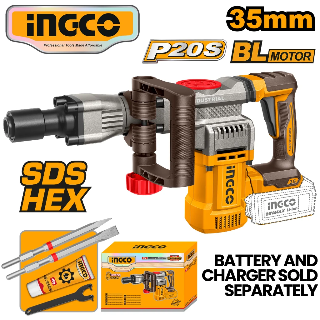 Ingco P20S/20V Lithium-Ion Brushless 35mm Cordless Demolition Breaker CDBLI203582 ING-PT - Image 3