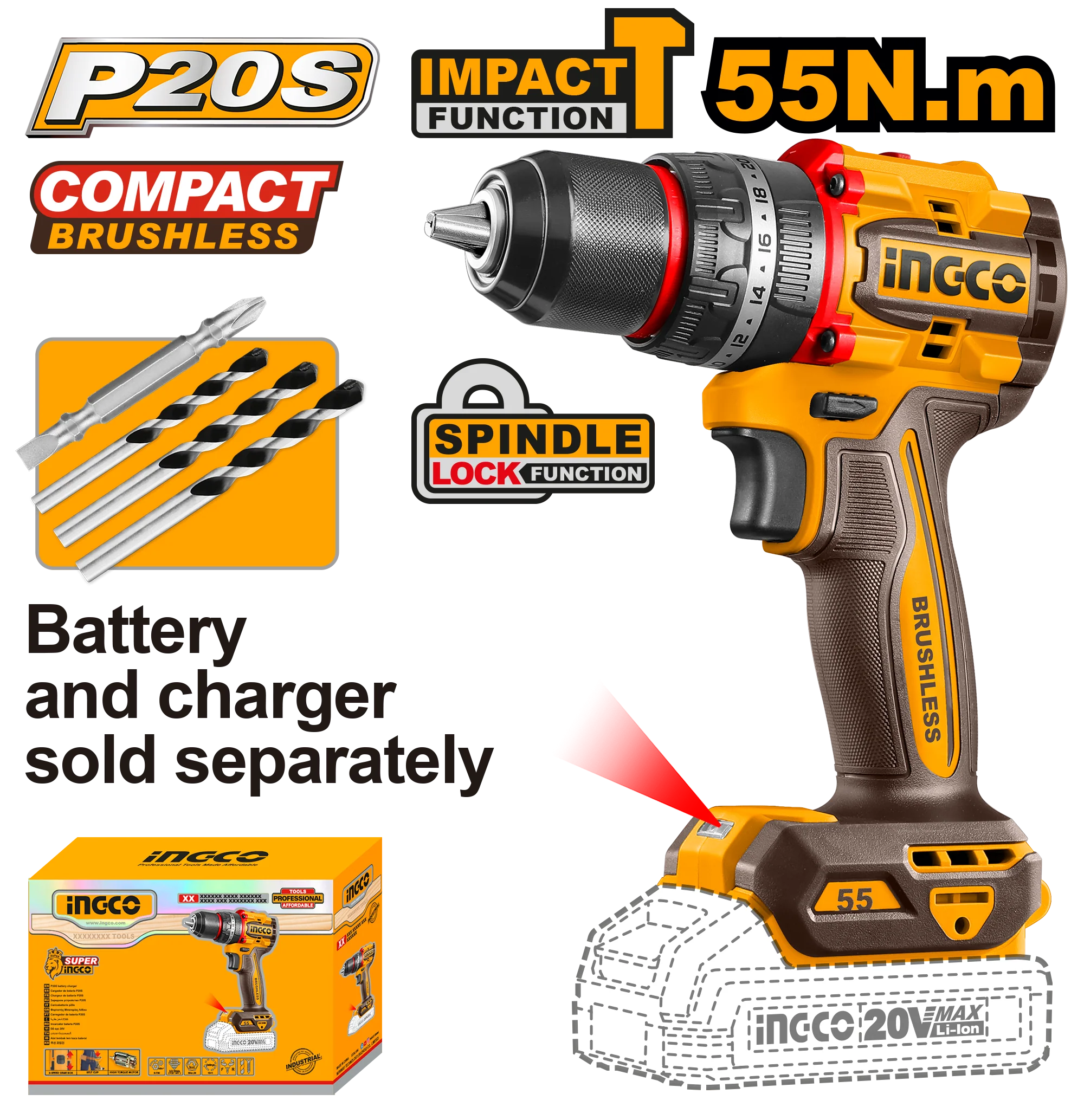 P20S/20V Lithium-Ion Compact Brushless Cordless Impact Drill CIDLI205581 ING-COR - Image 2