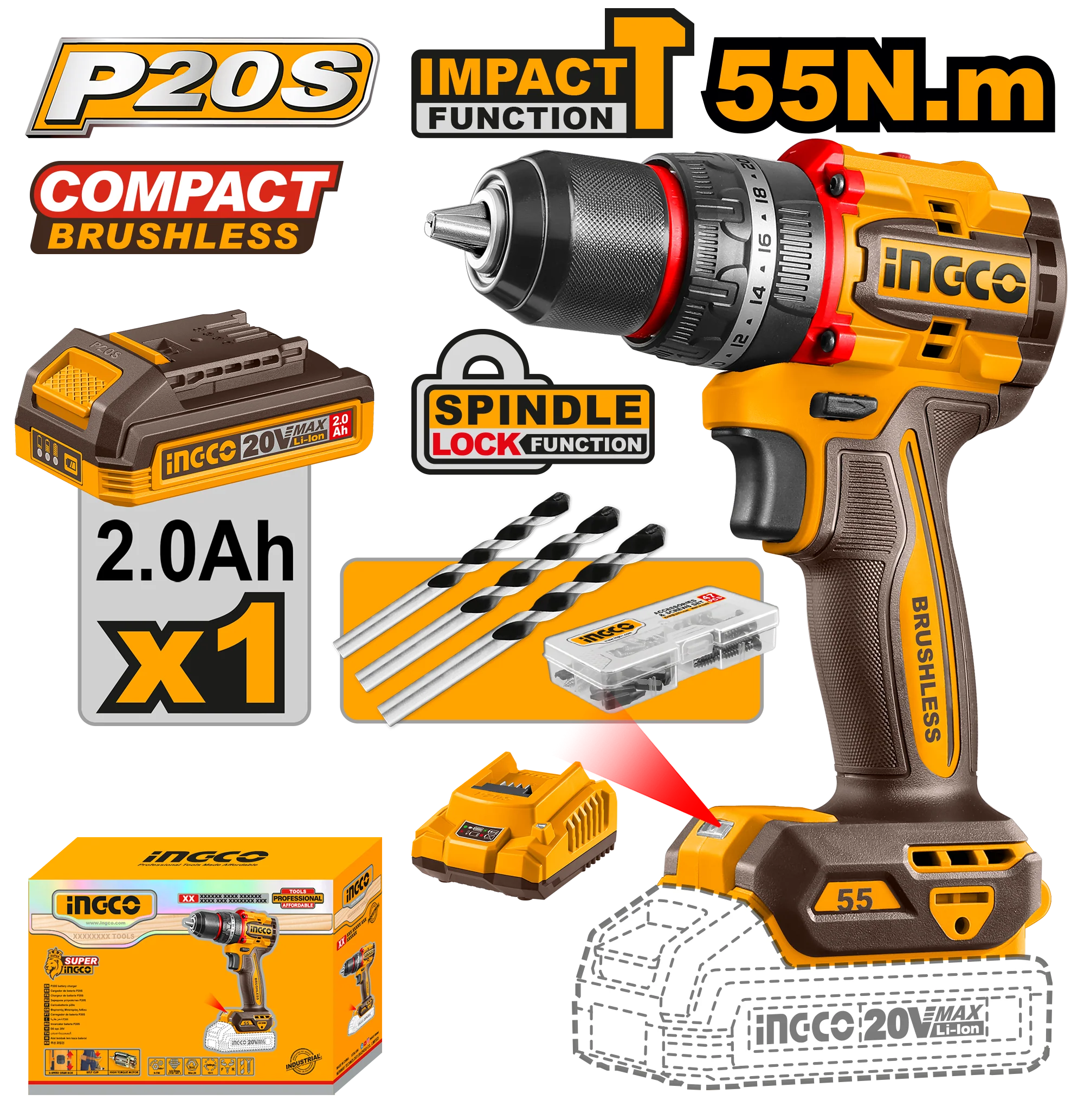 P20S/20V Lithium-Ion Compact Brushless Cordless Impact Drill ING-COR - Image 4