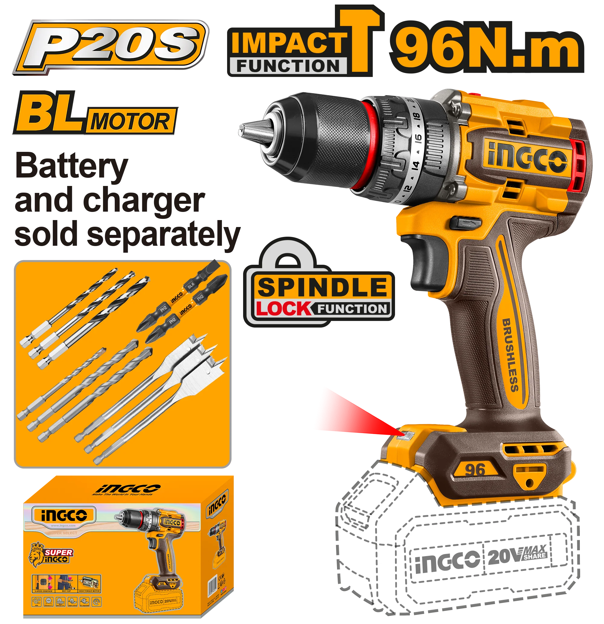 P20S/20V Lithium-Ion 96NM Cordless Brushless Motor Impact Drill CIDLI20968/CIDLI209681 ING-CT - Image 2