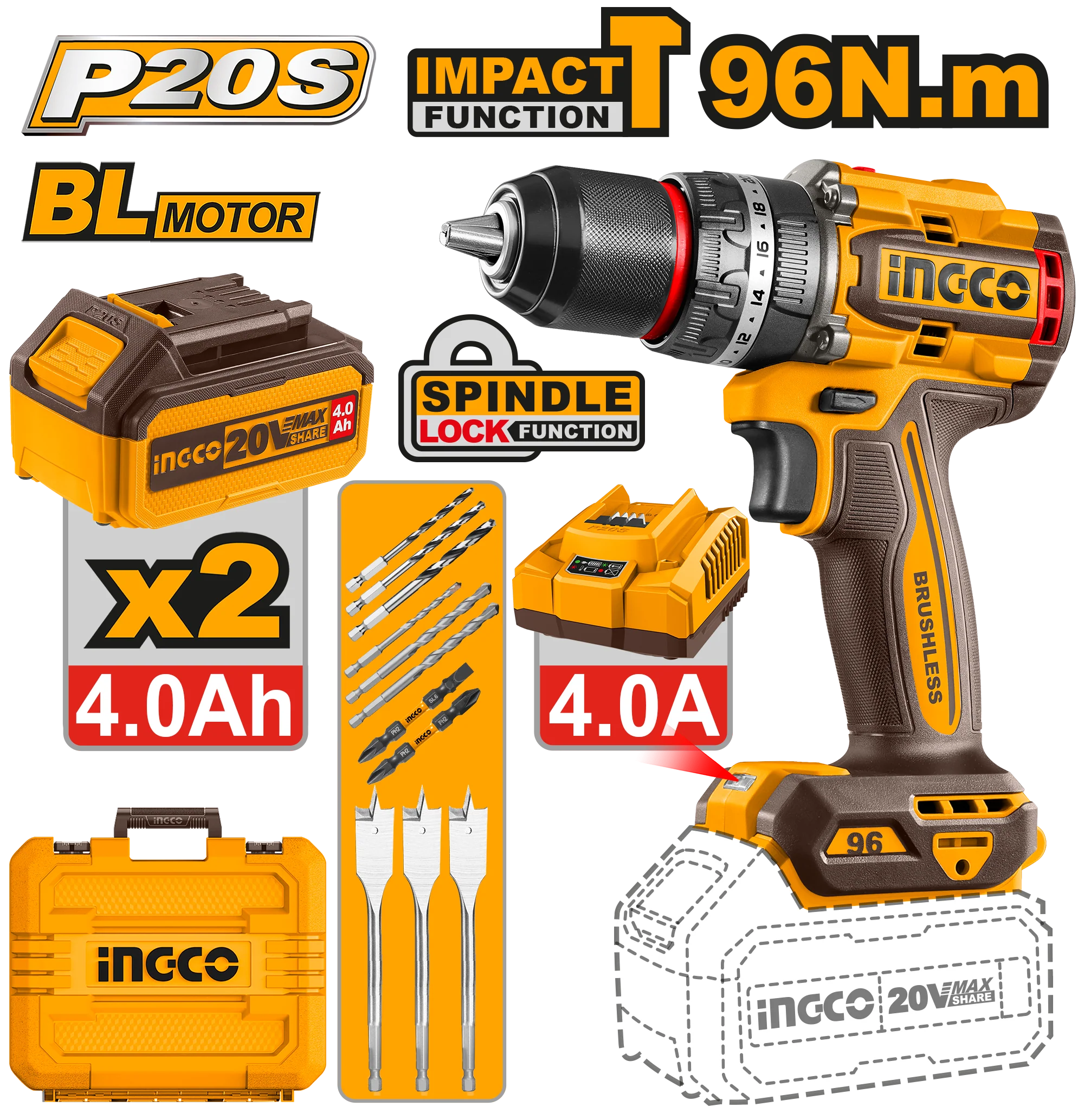 P20S/20V Lithium-Ion 96NM Cordless Brushless Motor Impact Drill CIDLI20968/CIDLI209681 ING-CT - Image 4