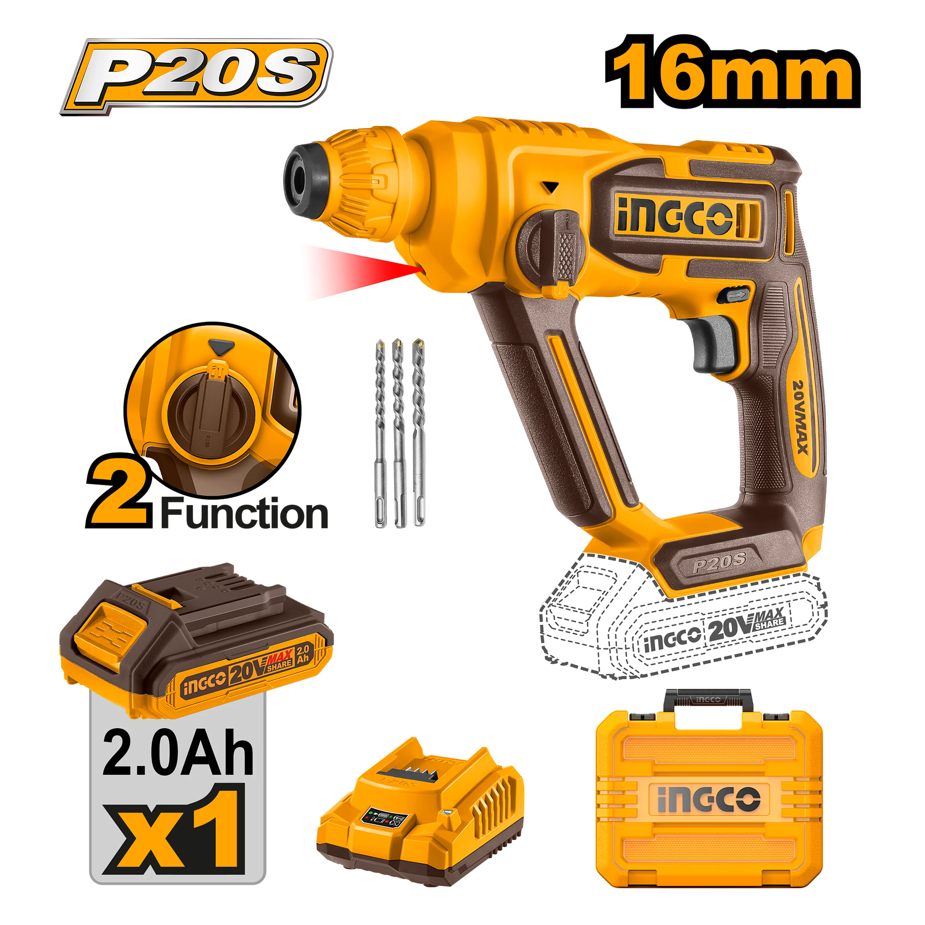P20S/20V Lithium-Ion Cordless Rotary Hammer ING-CT - Image 3