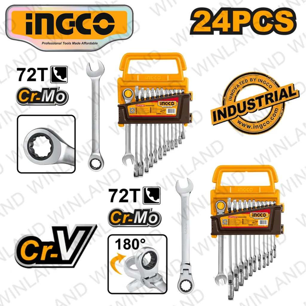 Ingco Industrial Ratchet Spanner Set Size 8-19mm HKSPAR2024 ING-HT - Image 2