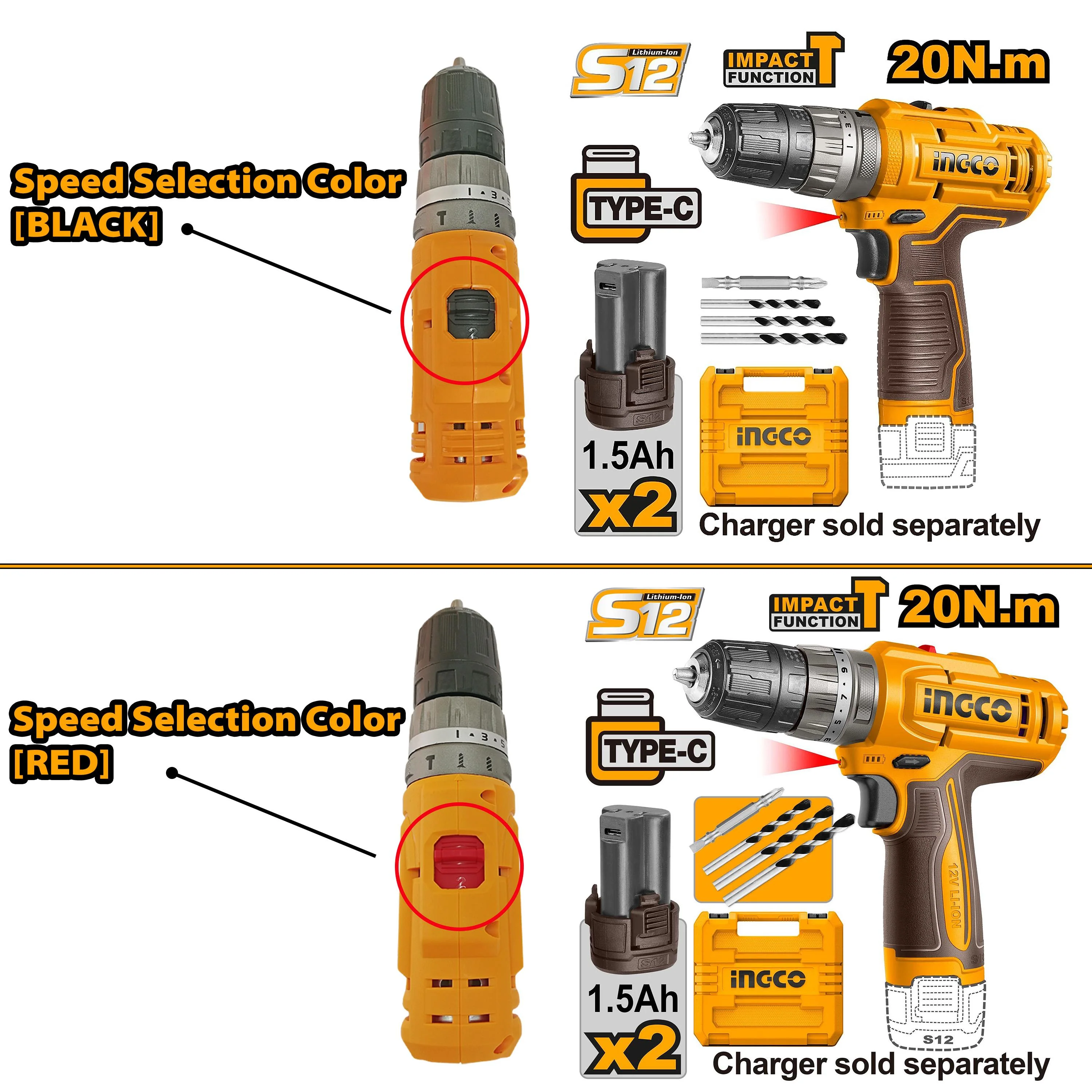 Lithium-Ion Impact Drill 12V No-load speed: 400/0-1500rpm CIDLI12202 S12 ING-PT - Image 2