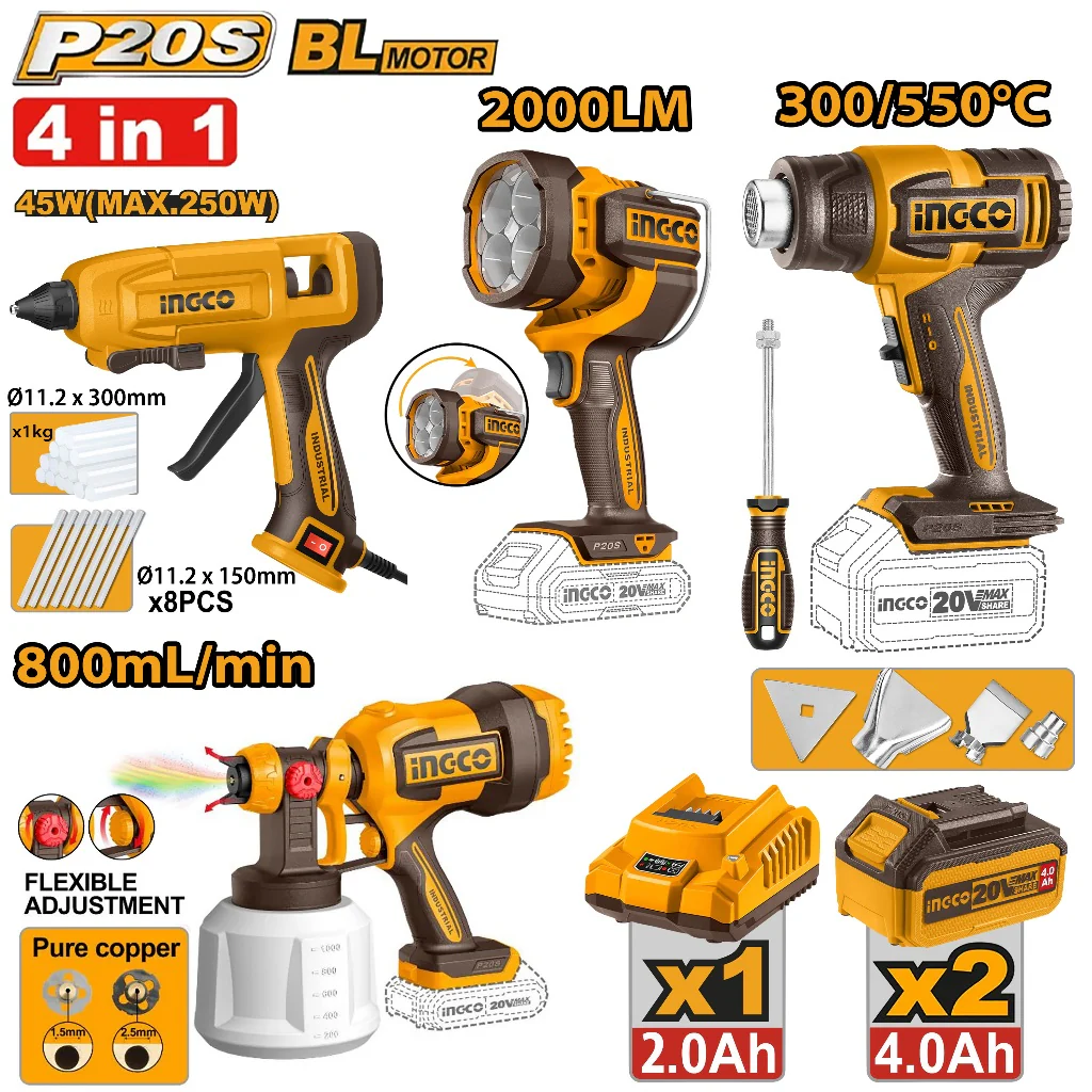 Ingco P20S/20V 4PCS Combo Kit (CSGLI2004/HGLI2006/GG408/CWLI2088) COSLI50501 ING-CT - Image 2