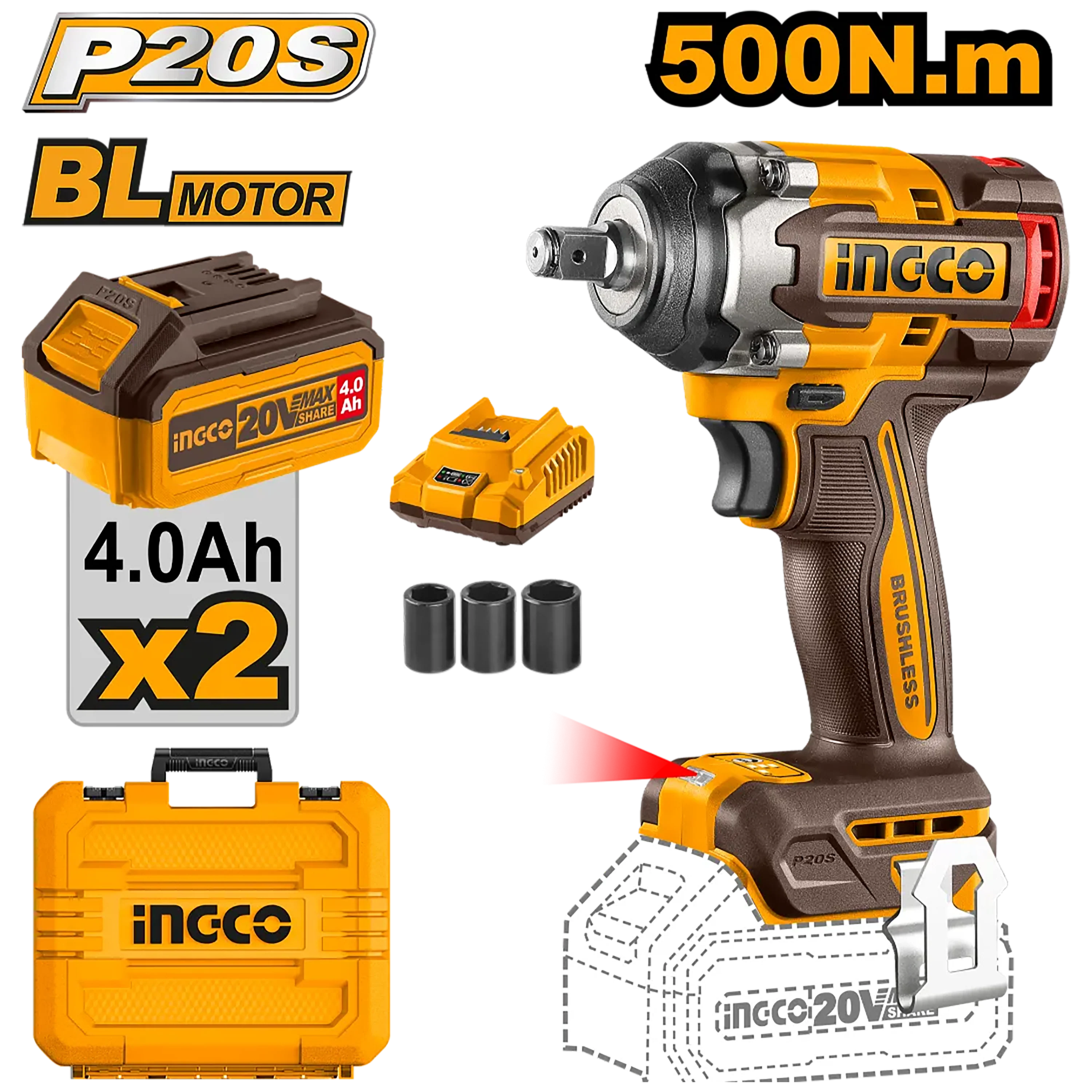 P20S/20V Brushless Motor Lithium-Ion Cordless Impact Wrench CIWLI2050/CIWLI20501 ING-COR - Image 2