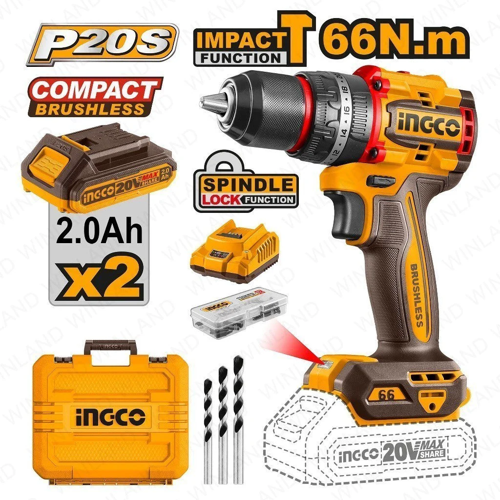 P20S/20V Lithium-Ion Brushless Compact Impact Cordless Drill ING-COR - Image 2