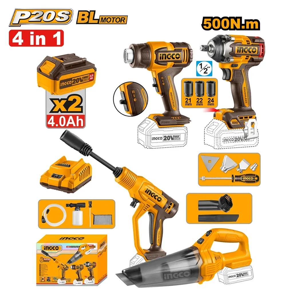 Ingco P20S/20V Lithium-Ion Cordless 4PCS Combo Kit COSLI250208 ING-CT - Image 2