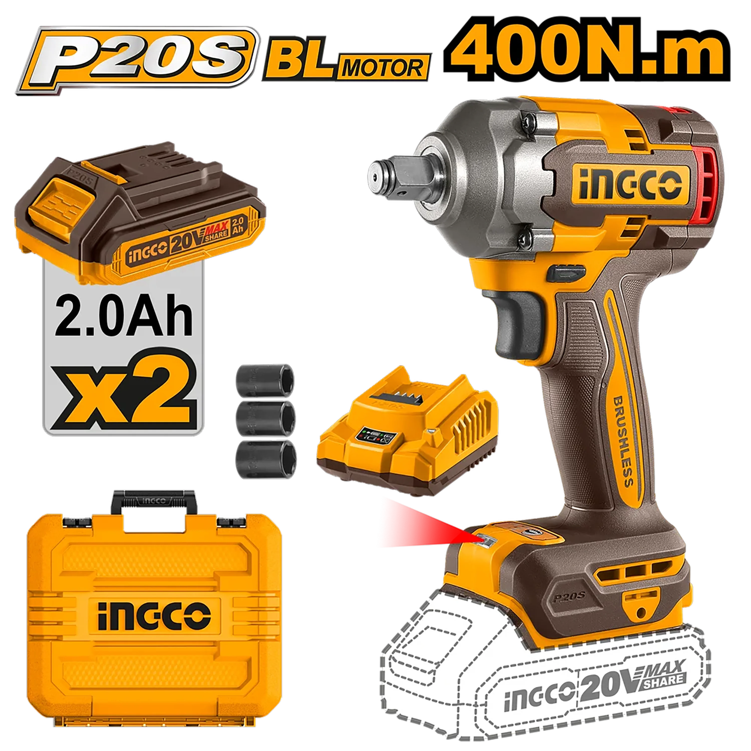 P20S Lithium-Ion Cordless Brushless motor Impact Wrench 20V 400N.m CIWLI2040 ING-COR