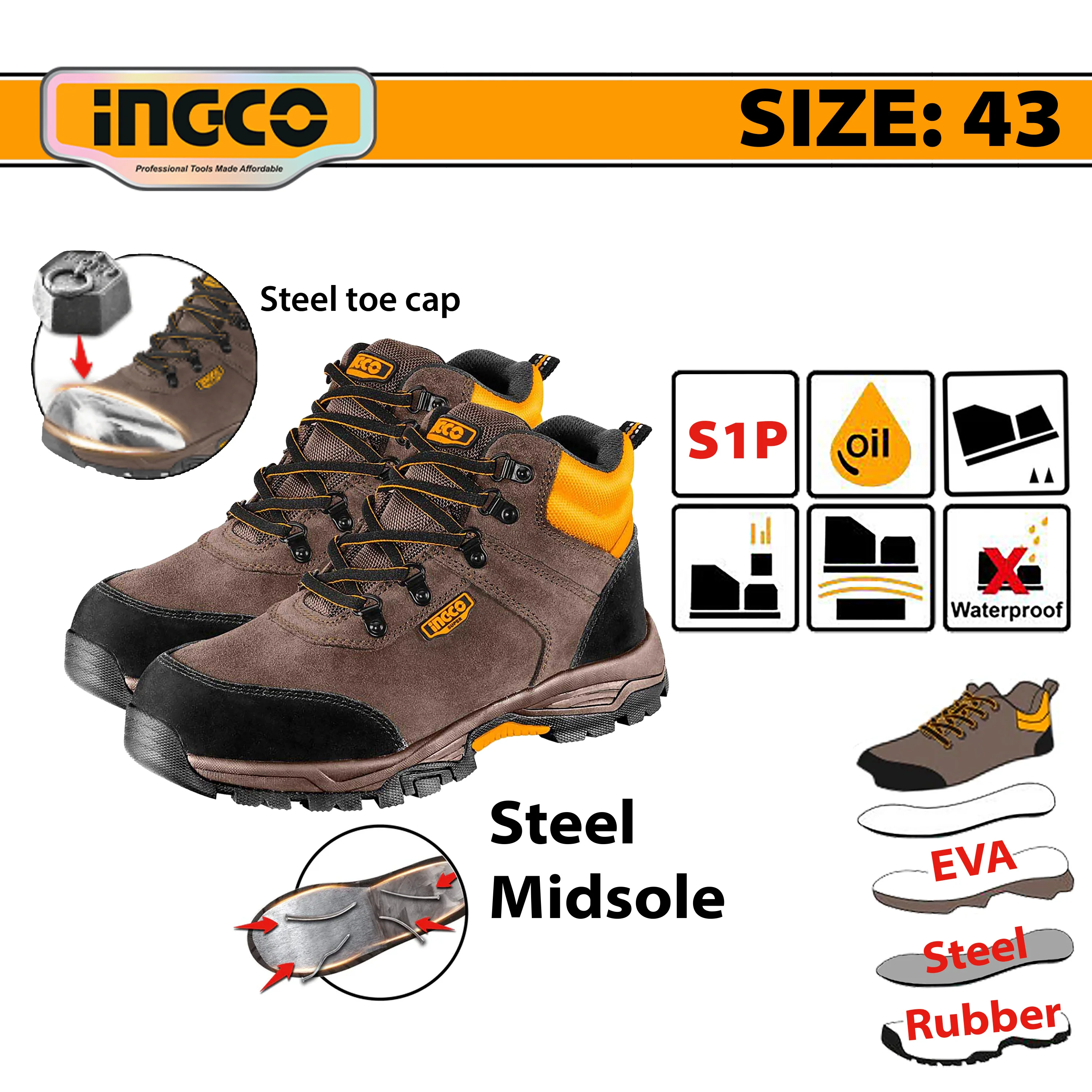 Ingco Safety Boots, S1P Class, Leather and EVA/Rubber Sole with Steel Midsole SSH11S1P - Image 7