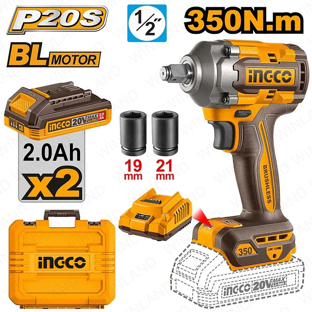 P20S/20V 1/2inches Lithium-Ion Cordless Impact Wrench 350N.m ING-COR - Image 2