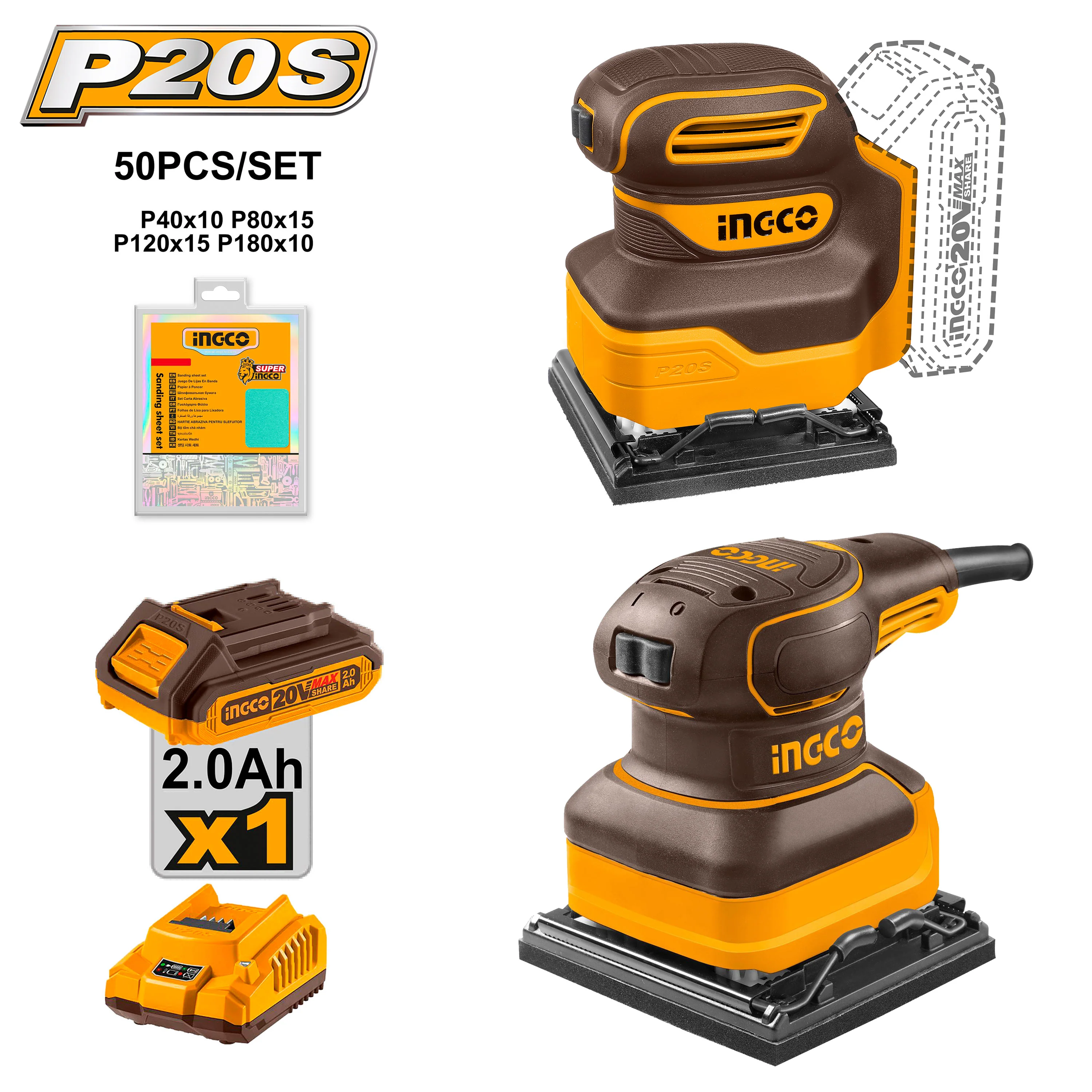 P20S/20V 2PCS/Set Lithium-Ion Cordless & Corded Palm Sander Combo Kit COSLI240582 ING-COR