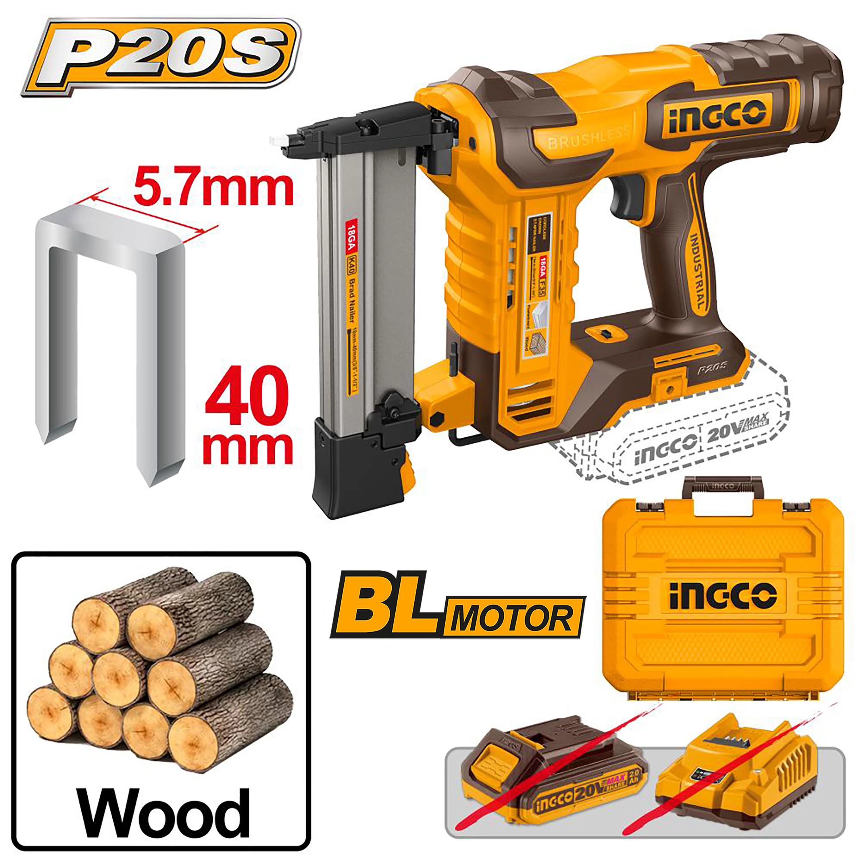 P20S/20V 400PCS/Set Nails Lithium-Ion Brushless Motor Cordless Brad Nailer Kit-40mm - Image 2