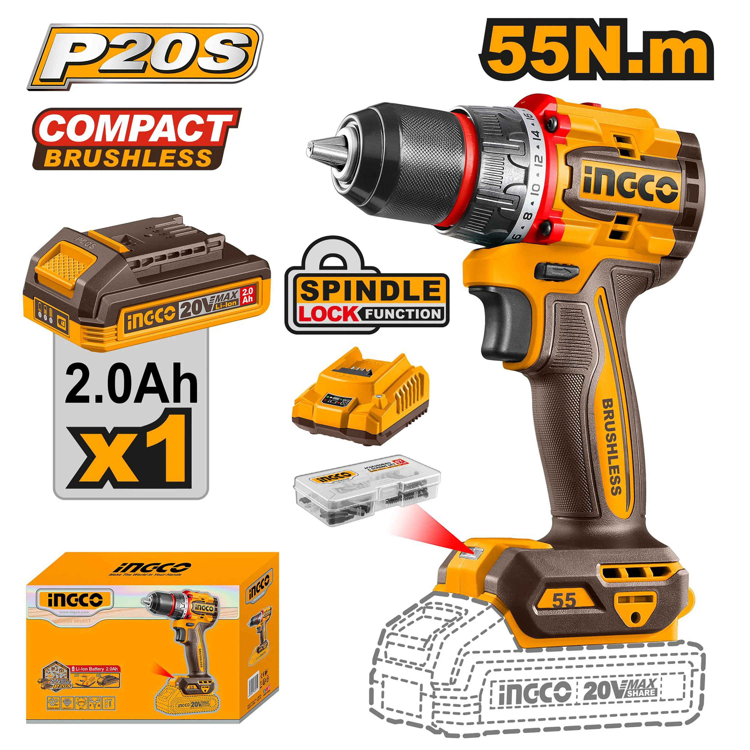 P20S/20V Lithium-Ion Compact Brushless Cordless Drill CDLI205582/CDLI205581 ING-COR - Image 2